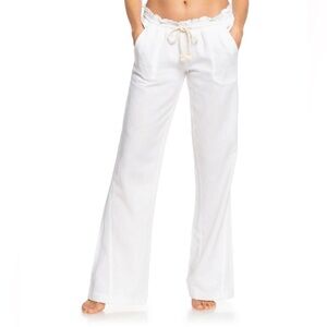 ROXY Oceanside Linen Blend Mid-Rise Flared Pant White Size Large